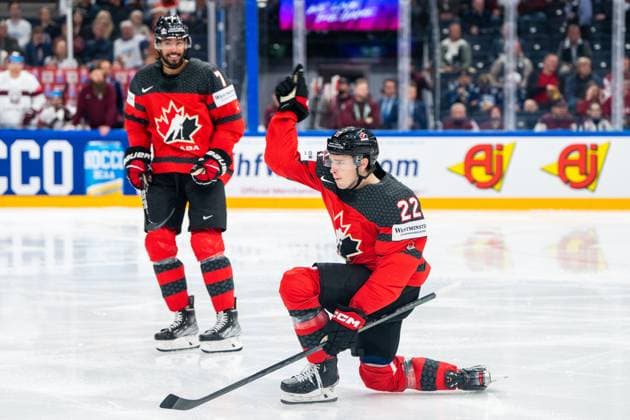 RIGA, LATVIA MAY 27 Jack Quinn of Canada celebrates his goal during the 2023 IIHF Ice Hockey World Championship Finland Latvia game between Canada and Latvia at Nokia Arena on May 27, 2023 in Tampere, Finland Tampere Finland  Copyright: xJustPictures.ch JarixPestelaccix