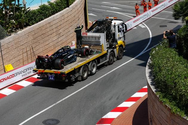 Damaged car of 44 Lewis Hamilton GBR, Mercedes AMG Petronas F1 Team , F1 Grand Prix of Monaco at Circuit de Monaco on May 27, 2023 in Monte Carlo, Monaco Photo by HOCH ZWEI Monte Carlo Monaco