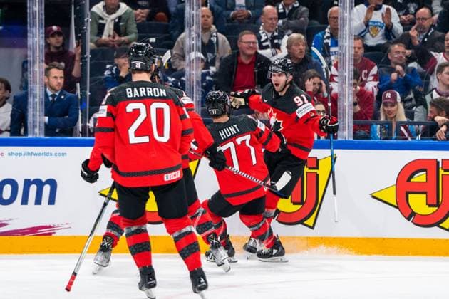 RIGA, LATVIA MAY 27 Adam Fantilli of Canada R celebrated by Brad Hunt of Canada C for his goal during the 2023 IIHF Ice Hockey World Championship Finland Latvia game between Canada and Latvia at Nokia Arena on May 27, 2023 in Tampere, Finland Tampere Finland  Copyright: xJustPictures.ch JarixPestelaccix