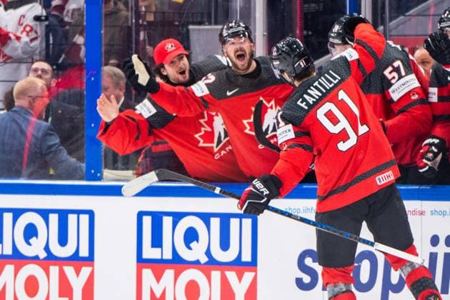 RIGA, LATVIA MAY 27 Adam Fantilli of Canada celebrates his first goal at WC during the 2023 IIHF Ice Hockey World Championship Finland Latvia game between Canada and Latvia at Nokia Arena on May 27, 2023 in Tampere, Finland Tampere Finland  Copyright: xJustPictures.ch JarixPestelaccix