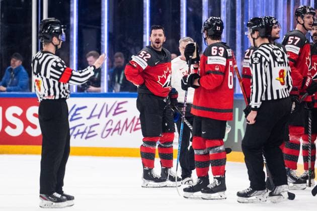 230527 MacKenzie Weegar of Canada reacts during the 2023 IIHF Ice Hockey World Championship semifinal game between Canada and Latvia on May 27, 2023 in Tampere Photo Joel Marklund BILDBYRAN kod JM JM0485 bbeng ishockey ice hockey ice hockey vm 2023 ishockey vm vm vm 2023 iihf ice hockey world championship semifinal semi final kanada canada latvia lettland  Copyright: JOELxMARKLUND BB230527JM050