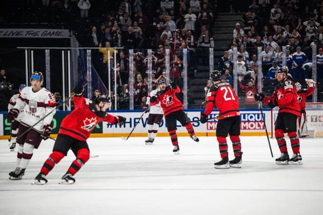 230527 MacKenzie Weegar, Scott Laughton and Lawson Crouse of Canada celebrate after 4 2 during the 2023 IIHF Ice Hockey World Championship semifinal game between Canada and Latvia on May 27, 2023 in Tampere Photo Joel Marklund BILDBYRAN kod JM JM0485 bbeng ishockey ice hockey ice hockey ishockey vm 2023 ishockey vm vm vm 2023 iihf ice hockey world championship semifinal semi final kanada canada latvia lettland jubel  Copyright: JOELxMARKLUND BB230527JM052