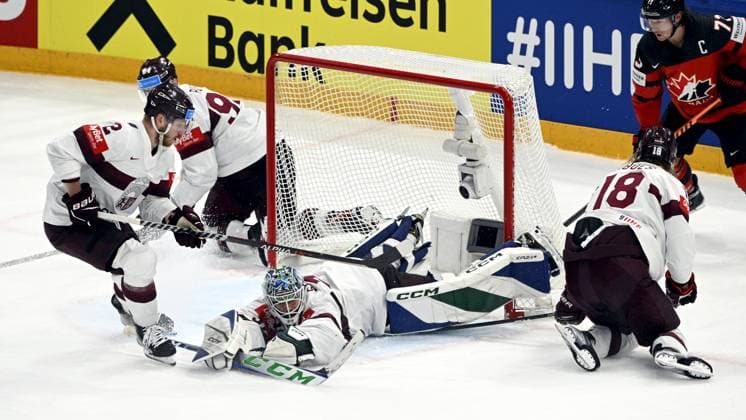 Goalkeeper Arturs Silovs of Latvia tends the net during the 2023 IIHF Ice hockey, Eishockey World Championships semifinal match between Canada and Latvia in Tampere on May 27, 2023. Tampere Finland LKFTJK20230527164218WMSG  Copyright: xJussixNukarix LKFTJK20230527164218WMSG
