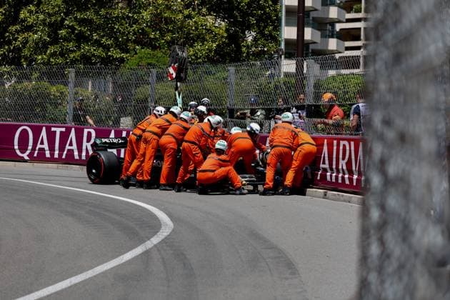 Damaged car of 44 Lewis Hamilton GBR, Mercedes AMG Petronas F1 Team , F1 Grand Prix of Monaco at Circuit de Monaco on May 27, 2023 in Monte Carlo, Monaco Photo by HOCH ZWEI Monte Carlo Monaco