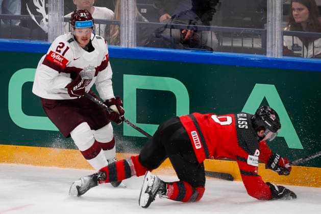 Rudolfs Balcers 21, LAT and Cody Glass 8, CAN during the 2023 IIHF Ice hockey, Eishockey World Championship, WM, Weltmeisterschaft Semifinal match between Canada - Latvia at the Nokia Arena on 27. May 2023 in Tampere, Finland. (KALLE PARKKINEN Newspix24)  Copyright: xKallexParkkinenx np24271658303