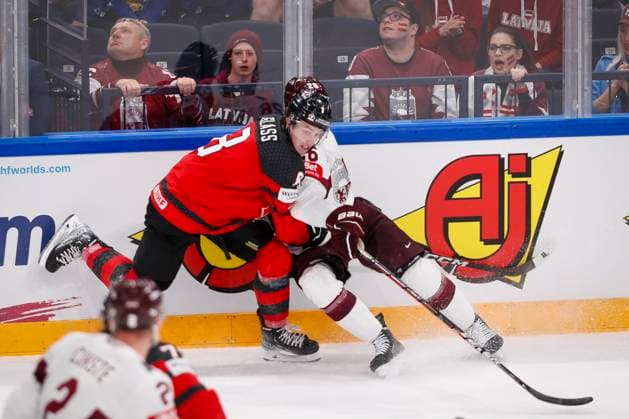 Cody Glass 8, CAN and Uvis Balinskis 26, LAT during the 2023 IIHF Ice hockey, Eishockey World Championship, WM, Weltmeisterschaft Semifinal match between Canada - Latvia at the Nokia Arena on 27. May 2023 in Tampere, Finland. (KALLE PARKKINEN Newspix24)  Copyright: xKallexParkkinenx np24271658302