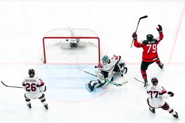 RIGA, LATVIA MAY 27 Samuel Blais of Canada R celebrating his goal during the 2023 IIHF Ice Hockey World Championship Finland Latvia game between Canada and Latvia at Nokia Arena on May 27, 2023 in Tampere, Finland Tampere Finland  Copyright: xJustPictures.ch JarixPestelaccix