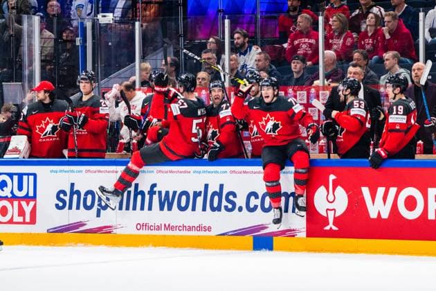 RIGA, LATVIA MAY 27 Team Canada celebrates victory during the 2023 IIHF Ice Hockey World Championship Finland Latvia game between Canada and Latvia at Nokia Arena on May 27, 2023 in Tampere, Finland Tampere Finland  Copyright: xJustPictures.ch JarixPestelaccix