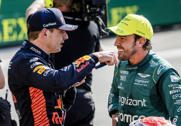 MONACO - Max Verstappen (Red Bull Racing) and Fernando Alonso (Aston Martin) after qualifying for the Monaco Grand Prix. ANP REMKO DE WAAL F1 Grand Prix of Monaco - Qualifying 2023 xVIxANPxSportx xxANPxIVx 470328659 originalFilename: 470328659.jpg
