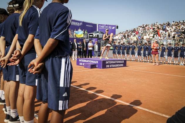 Finale fÃ minin. Internationaux de Strasbourg 2023 ANNA BLINKOVA (RUS) ELINA SVITOLINA (UKR Tennis : Internationaux de Strasbourg 2023 - France - 27 05 23 ElyxandroCegarra Panoramic 