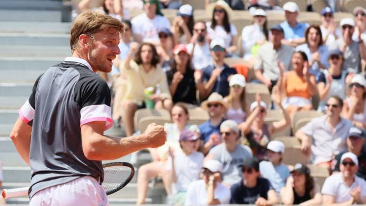Belgian David Goffin reacts during a men s singles first round game between Belgian Goffin and Polish Hurkacz at the Roland Garros French Open tennis tournament, in Paris, France, Sunday 28 May 2023. BENOITxDOPPAGNE  x68051943x