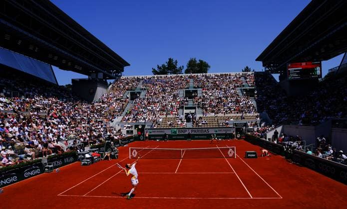 Mandatory Credit: Photo by Javier Garcia Shutterstock (13925675ad) Constant Lestienne serves on Suzanne Lenglen Court against Karen Khachanov French Open Tennis, Day 1, Roland Garros, Paris, France - 28 May 2023 French Open Tennis, Day 1, Roland Garros, Paris, France - 28 May 2023  Copyright: xJavierxGarcia Shutterstockx 13925675ad