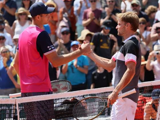 Polish Hubert Hurkacz and Belgian David Goffin pictured after a men s singles first round game between Belgian Goffin and Polish Hurkacz at the Roland Garros French Open tennis tournament, in Paris, France, Sunday 28 May 2023. BENOITxDOPPAGNE  x68053371x