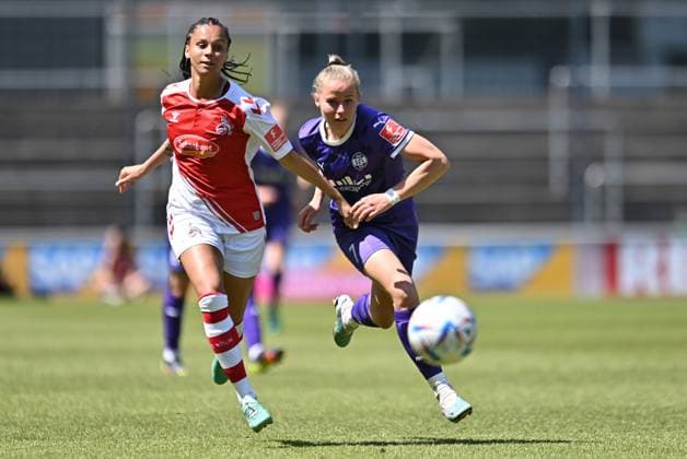 Soccer Women Flyeralarm Bundesliga Season 2022 2023 22 Matchday 1 FC Köln SGS Essen on 28 05 2023 at Franz Kremer Stadium in Cologne Genessee Puntigam 1 FC Köln , left Antonia Baaß SGS Essen , right DFB regulations prohibit any use of photographs as image sequences and or quasi video Nordrhein Westfalen Germany