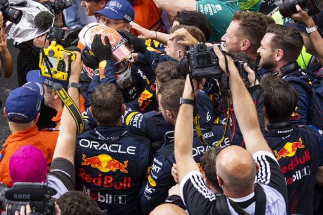 VERSTAPPEN Max (ned), Red Bull Racing RB19, portrait celebrates his win during the Formula 1 Grand Prix de Monaco 2023, 6th round of the 2023 Formula One World Championship, WM, Weltmeisterschaft from May 26 to 28, 2023 on the Circuit de Monaco, in Monaco - F1 - MONACO GRAND PRIX 2023 - RACE DPPI Panoramic  00123013__DE_6629