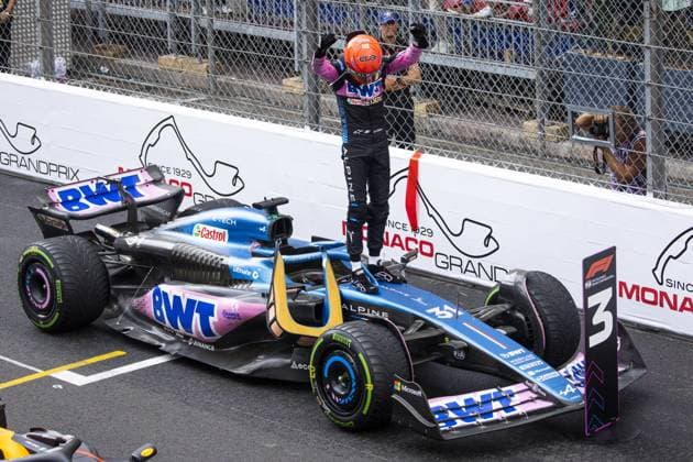 OCON Esteban (fra), Alpine F1 Team A523, portrait celebrates his P3 during the Formula 1 Grand Prix de Monaco 2023, 6th round of the 2023 Formula One World Championship, WM, Weltmeisterschaft from May 26 to 28, 2023 on the Circuit de Monaco, in Monaco - F1 - MONACO GRAND PRIX 2023 - RACE DPPI Panoramic  00123013__DE_6714