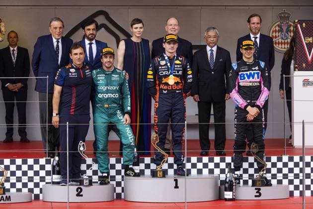 Podium, BEN SULAYEM Mohammed (uae), President of the FIA, HSH Princess Charlene of Monaco, also known as Charlene Lynette Wittstock, HSH Prince Albert II of Monaco, ALONSO Fernando (spa), Aston Martin F1 Team AMR23, VERSTAPPEN Max (ned), Red Bull Racing RB19, OCON Esteban (fra), Alpine F1 Team A523, Al-Sultan Abdullah Ri™ayatuddin Al-Mustafa Billah Shah ibni Almarhum Sultan Haji Ahmad Shah Al-Musta™in Billah during the Formula 1 Grand Prix de Monaco 2023, 6th round of the 2023 Formula One World Championship, WM, Weltmeisterschaft from May 26 to 28, 2023 on the Circuit de Monaco, in Monaco - F1 - MONACO GRAND PRIX 2023 - RACE DPPI Panoramic 00123013__DE_7002