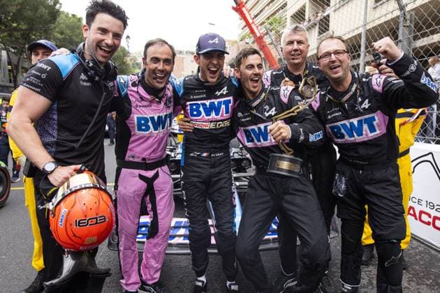 OCON Esteban (fra), Alpine F1 Team A523, celebrates his P3 during the Formula 1 Grand Prix de Monaco 2023, 6th round of the 2023 Formula One World Championship, WM, Weltmeisterschaft from May 26 to 28, 2023 on the Circuit de Monaco, in Monaco - F1 - MONACO GRAND PRIX 2023 - RACE DPPI Panoramic  00123013__DE_7134