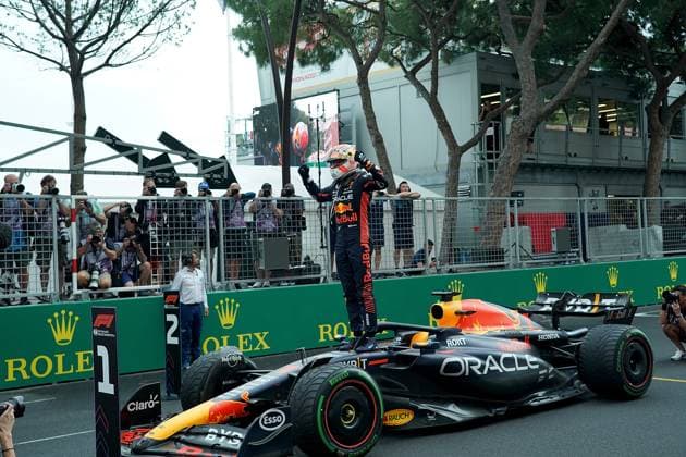 Formula 1 Grand Prix Monaco 2023 28 05 2023, Circuit de Monaco, Monte Carlo, Formula 1 Grand Prix Monaco 2023 ,in the picture winner Max Verstappen NLD , Oracle Red Bull Racing stands on his car and cheers about the victory nordphotoxGmbHx xBratic nph00250