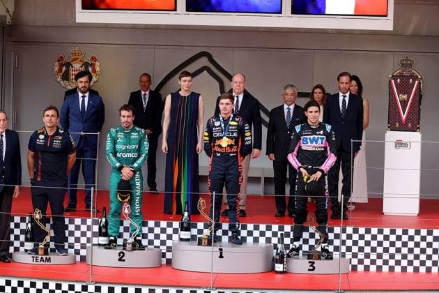 Formula 1 Grand Prix Monaco 2023 28 05 2023, Circuit de Monaco, Monte Carlo, Formula 1 Grand Prix Monaco 2023 ,in picture podium l to r back row FIA President Mohammed bin Sulayem, Charlene Lynette Grimaldi, Princess of Monaco, Prince Albeert II of Monaco front row Pierre Wache FRA Red Bull Racing Technical Director, Fernando Alonso from Spain from Team Aston Martin, Max Verstappen from the Netherlands from Team Oracle Red Bull, Esteban Ocon from France from Team Alpine nordphotoxGmbHx xBratic nph00250