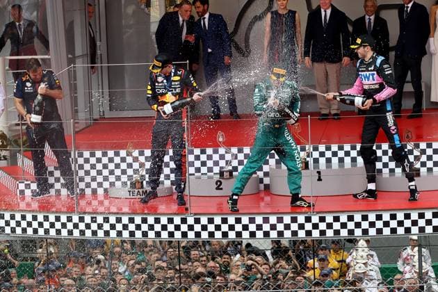 28 05 2023, Circuit de Monaco, Monte Carlo, Formula 1 Grand Prix Monaco 2023 ,in picture podium from l to r back row FIA President Mohammed bin Sulayem, Charlene Lynette Grimaldi, Princess of Monaco, Prince Albeert II of Monaco front row Pierre Wache FRA Red Bull Racing Technical Director, Fernando Alonso from Spain from Team Aston Martin, Max Verstappen from the Netherlands from Team Oracle Red Bull, Esteban Ocon from France from Team Alpine Monte Carlo Circuit de Monaco Monaco eu-images-506