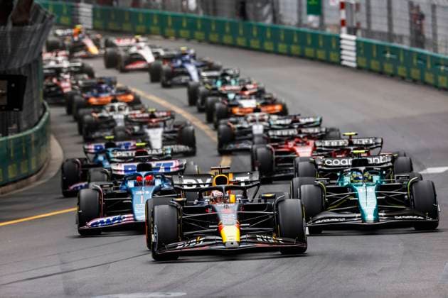 Start, 1 Max Verstappen NLD, Oracle Red Bull Racing , 14 Fernando Alonso ESP, Aston Martin Aramco Cognizant F1 Team , 31 Esteban Ocon FRA, BWT Alpine F1 Team , F1 Grand Prix of Monaco at Circuit de Monaco on May 28, 2023 in Monte Carlo, Monaco Photo by HOCH ZWEI Monte Carlo Monaco