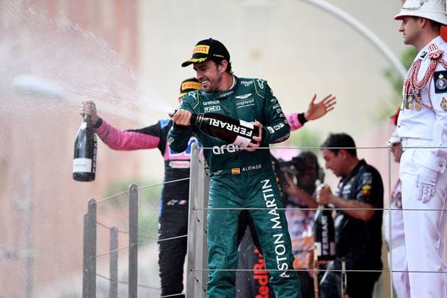 28 05 2023, Circuit de Monaco, Monte Carlo, Formula 1 Grand Prix Monaco 2023 ,in picture Fernando Alonso ESP , Aston Martin Aramco Cognizant Formula One Team is happy about his second place Monte Carlo Circuit de Monaco Monaco  eu-images-506
