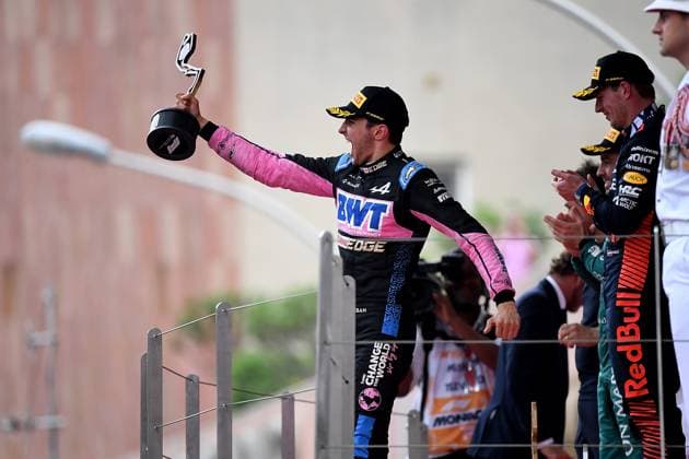 Formula 1 Grand Prix Monaco 2023 28 05 2023, Circuit de Monaco, Monte Carlo, Formula 1 Grand Prix Monaco 2023 ,in the picture Esteban Ocon FRA , BWT Alpine F1 Team is happy about his third place nordphotoxGmbHx xBratic nph00250