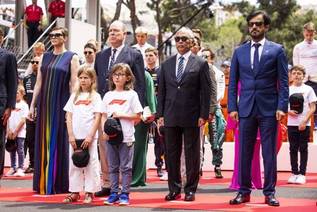 Formel 1, GP von Monaco, Fürst Albert und Fürstin Charlene HSH Princess Charlene of Monaco, also known as Charlene Lynette Wittstock, HSH Prince Albert II of Monaco, Al-Sultan Abdullah Ri™ayatuddin Al-Mustafa Billah Shah ibni Almarhum Sultan Haji Ahmad Shah Al-Musta™in Billah, BEN SULAYEM Mohammed (uae), President of the FIA, portrait during the Formula 1 Grand Prix de Monaco 2023, 6th round of the 2023 Formula One World Championship, WM, Weltmeisterschaft from May 26 to 28, 2023 on the Circuit de Monaco, in Monaco - F1 - MONACO GRAND PRIX 2023 - RACE DPPI Panoramic 00123013__DE_2233