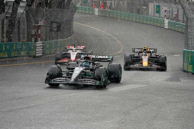 Formula 1 Grand Prix Monaco 2023 28 05 2023, Circuit de Monaco, Monte Carlo, Formula 1 Grand Prix Monaco 2023 ,in picture George Russell GBR , Mercedes AMG Petronas Formula One Team, Kevin Magnussen DNK , Moneygram Haas F1 Team, Sergio Perez MEX , Oracle Red Bull Racing nordphotoxGmbHx xBratic nph00250