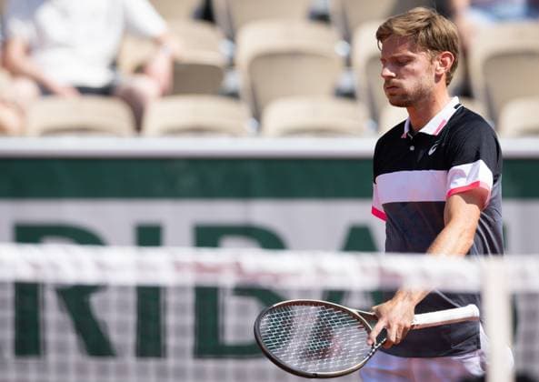 Belgian David Goffin reacts during a men s singles first round game between Belgian Goffin and Polish Hurkacz at the Roland Garros French Open tennis tournament, in Paris, France, Sunday 28 May 2023. BENOITxDOPPAGNE  x68067798x