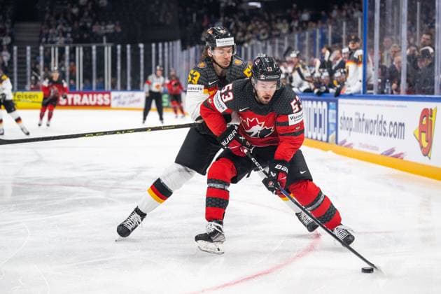 230528 Moritz Seider of Germany and Michael Carcone of Canada during the 2023 IIHF Ice Hockey World Championship final game between Canada and Germany on May 28, 2023 in Tampere Photo Joel Marklund BILDBYRAN kod JM JM0489 bbeng ishockey ice hockey ice hockey vm 2023 ishockey vm vm vm 2023 iihf ice hockey world championship final canada canada germany germany  Copyright: JOELxMARKLUND BB230528JM099