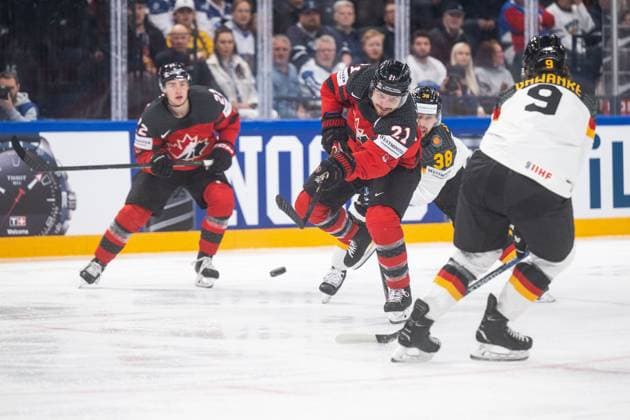 230528 Jack Quinn and Scott Laughton of Canada and Fabio Wagner and Leon Gawanke of Germany during the 2023 IIHF Ice Hockey World Championship final game between Canada and Germany on May 28, 2023 in Tampere Photo Joel Marklund BILDBYRAN kod JM JM0489 bbeng ishockey ice hockey ishockey vm 2023 ishockey vm vm 2023 iihf ice hockey world championship final canada canada germany germany  Copyright: JOELxMARKLUND BB230528JM100