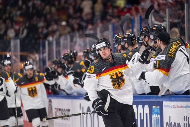 230528 John Peterka of Germany celebrates scoring 0 1 during the 2023 IIHF Ice Hockey World Championship final game between Canada and Germany on May 28, 2023 in Tampere Photo Joel Marklund BILDBYRAN kod JM JM0489 bbeng ishockey ice hockey ice hockey vm 2023 ishockey vm vm vm 2023 iihf ice hockey world championship final canada canada germany germany jubel  Copyright: JOELxMARKLUND BB230528JM102