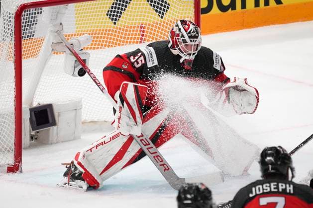 Eishockey, WM, Finale, Kanada - Deutschland Sam Montembeault 35, CAN during the 2023 IIHF Ice hockey, Eishockey World Championship, WM, Weltmeisterschaft gold medal match between Canada - Germany at the Nokia Arena on 28. May 2023 in Tampere, Finland. (KALLE PARKKINEN Newspix24)  Copyright: xKallexParkkinenx np24282058543