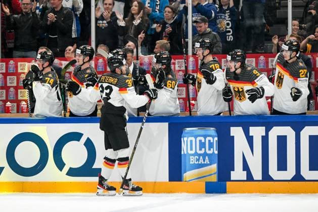 TAMPERE, FINLAND MAY 28 John Peterka of Germany celebrate after scoring a goal during the 2023 IIHF Ice Hockey World Championship Finland Latvia game between Canada and Germany at Nokia Arena on May 28, 2023 in Tampere, Finland Tampere Nokia Arena Finland  Copyright: xJustPictures.ch AndreaxBrancax
