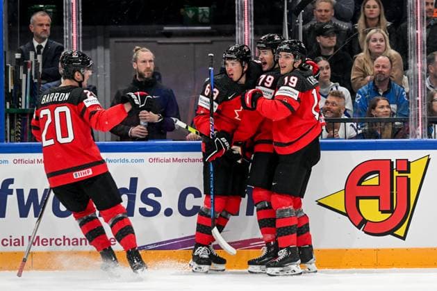 TAMPERE, FINLAND MAY 28 Samuel Blais of Canada celebrate after scoring a goal during the 2023 IIHF Ice Hockey World Championship Finland Latvia game between Canada and Germany at Nokia Arena on May 28, 2023 in Tampere, Finland Tampere Nokia Arena Finland  Copyright: xJustPictures.ch AndreaxBrancax