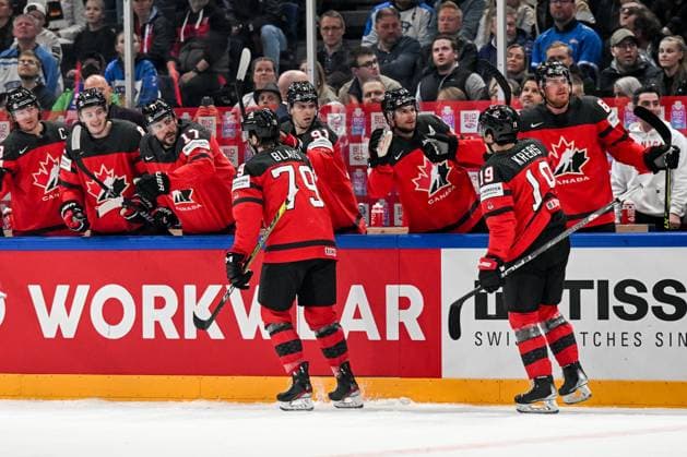 TAMPERE, FINLAND MAY 28 Samuel Blais of Canada celebrate after scoring a goal during the 2023 IIHF Ice Hockey World Championship Finland Latvia game between Canada and Germany at Nokia Arena on May 28, 2023 in Tampere, Finland Tampere Nokia Arena Finland  Copyright: xJustPictures.ch AndreaxBrancax