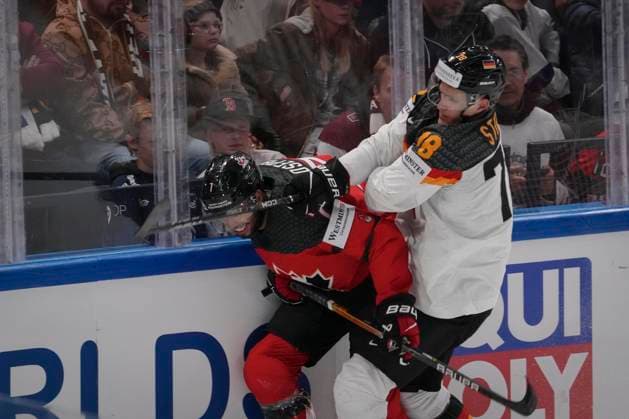 Eishockey, WM, Finale, Kanada - Deutschland Pierre-Olivier Joseph 7, CAN and Nico Sturm 78, GER during the 2023 IIHF Ice hockey, Eishockey World Championship, WM, Weltmeisterschaft gold medal match between Canada - Germany at the Nokia Arena on 28. May 2023 in Tampere, Finland. (KALLE PARKKINEN Newspix24)  Copyright: xKallexParkkinenx np24282058544