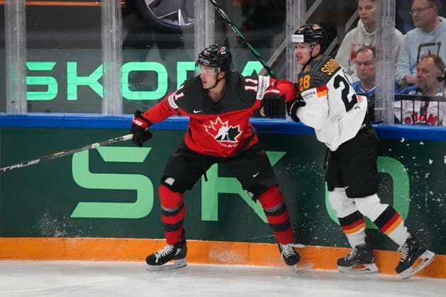 Eishockey, WM, Finale, Kanada - Deutschland Jack Mcbain 11, CAN and Samuel Soramies 28, GER during the 2023 IIHF Ice hockey, Eishockey World Championship, WM, Weltmeisterschaft gold medal match between Canada - Germany at the Nokia Arena on 28. May 2023 in Tampere, Finland. (KALLE PARKKINEN Newspix24)  Copyright: xKallexParkkinenx np24282058547