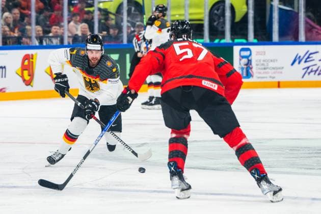 TAMPERE, FINLAND MAY 28 Maximilian Kastner of Germany L in action during the 2023 IIHF Ice Hockey World Championship Finland Latvia game between Canada and Germany at Nokia Arena on May 28, 2023 in Tampere, Finland Tampere Nokia Arena Finland  Copyright: xJustPictures.ch JarixPestelaccix