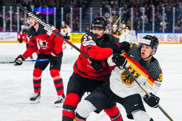 TAMPERE, FINLAND MAY 28 MacKenzie Weegar of Canada L against John Peterka of Germany R during the 2023 IIHF Ice Hockey World Championship Finland Latvia game between Canada and Germany at Nokia Arena on May 28, 2023 in Tampere, Finland Tampere Nokia Arena Finland  Copyright: xJustPictures.ch JarixPestelaccix