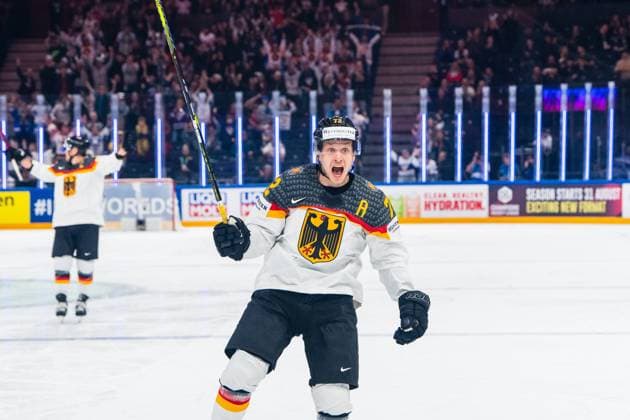 TAMPERE, FINLAND MAY 28 Dominik Kahun of Germany celebrates the 1 0 of John Peterka of Germany not pictured during the 2023 IIHF Ice Hockey World Championship Finland Latvia game between Canada and Germany at Nokia Arena on May 28, 2023 in Tampere, Finland Tampere Nokia Arena Finland  Copyright: xJustPictures.ch JarixPestelaccix