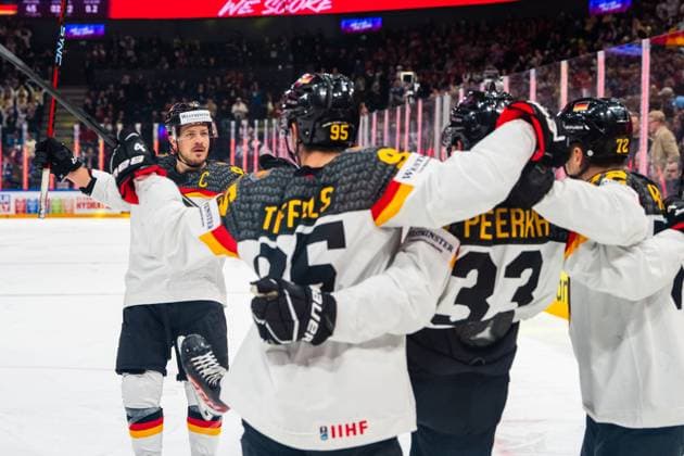 TAMPERE, FINLAND MAY 28 Moritz Muller of Germany L joins Frederik Tiffels of Germany 2nd from L , Dominik Kahun of Germany R celebrating John Peterka of Germany C during the 2023 IIHF Ice Hockey World Championship Finland Latvia game between Canada and Germany at Nokia Arena on May 28, 2023 in Tampere, Finland Tampere Nokia Arena Finland  Copyright: xJustPictures.ch JarixPestelaccix
