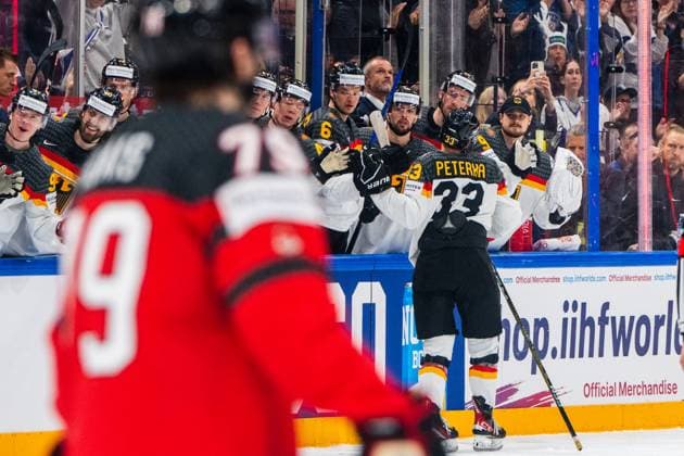 TAMPERE, FINLAND MAY 28 John Peterka of Germany R celebrates his goal during the 2023 IIHF Ice Hockey World Championship Finland Latvia game between Canada and Germany at Nokia Arena on May 28, 2023 in Tampere, Finland Tampere Nokia Arena Finland  Copyright: xJustPictures.ch JarixPestelaccix