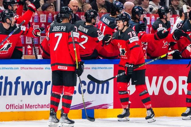 TAMPERE, FINLAND MAY 28 Samuel Blais of Canada R celebrates his goal with the bench during the 2023 IIHF Ice Hockey World Championship Finland Latvia game between Canada and Germany at Nokia Arena on May 28, 2023 in Tampere, Finland Tampere Nokia Arena Finland  Copyright: xJustPictures.ch JarixPestelaccix