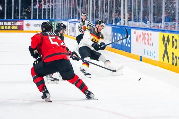 TAMPERE, FINLAND MAY 28 Marcel Noebels of Germany R in action during the 2023 IIHF Ice Hockey World Championship Finland Latvia game between Canada and Germany at Nokia Arena on May 28, 2023 in Tampere, Finland Tampere Nokia Arena Finland  Copyright: xJustPictures.ch JarixPestelaccix