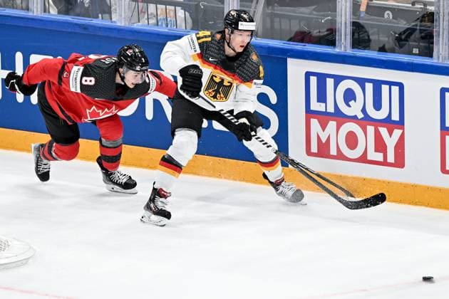Cody Glass 8, Canada, Canada, Team Canada Jonas Mueller 41, German Ice Hockey Federation, Germany Germany, Team Germany , Canada vs Germany, Ice Hockey, Ice Hockey World Championship , Final, 28 05 2023, Canada vs Germany, Ice Hockey, Ice Hockey World Championship , Final, 28 05 2023 Tampere Copyright: xEibner-Pressefotox xBirgitxHaefnerx EP_BHF