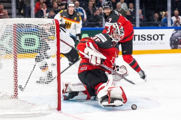 230528 Goaltender Samuel Montembeault of Canada during the 2023 IIHF Ice Hockey World Championship final game between Canada and Germany on May 28, 2023 in Tampere Photo Joel Marklund BILDBYRAN kod JM JM0489 bbeng ishockey ice hockey ice hockey vm 2023 ishockey vm vm vm 2023 iihf ice hockey world championship final canada canada germany germany  Copyright: JOELxMARKLUND BB230528JM114