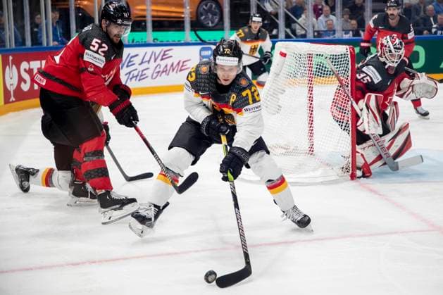 Dominik Kahun 72, GER, Mackenzie Weegar 52, CAN the 2023 IIHF Ice hockey, Eishockey World Championship, WM, Weltmeisterschaft gold medal match between Canada and Germany at the Nokia Arena on 28. May 2023 in Tampere, Finland. 20.35.30. (Tomi Hänninen Newspix24)  Copyright: xTomixHänninenx np24282058684